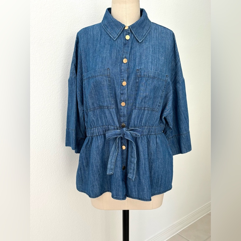 Zara Flowing Denim Shirt with Bow NWT Blue With Gold Buttons Elastic-Waist XXL